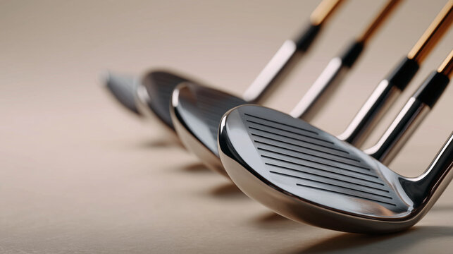 Commercial-style realistic image of multiple golf clubs arranged in graduated order from driver to putter, angled slightly toward camera, polished clubheads gleaming under soft dif