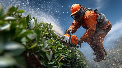 Obraz premium Professional landscaper in orange work gear using a bright electric hedge trimmer to perfectly shape a lush dense green bush in the sun.