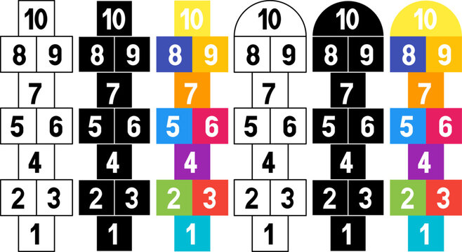 Hopscotch or piggy or lagger icon set.game numbers 1-10 in outline, silhouette,colorful flat,for kids education, math learning materials, playground themes, preschool worksheets, counting practice