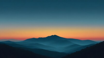 Layered mountain silhouettes against a vibrant sunset gradient sky