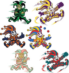 Naklejka premium Web Set of Funny Jester Mascot Characters in Various Poses, Colorful Flat Vector Illustrations of Court Jesters, Jokers, and Harlequins for Logos, Stickers, and Carnival Designs