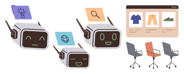 Fototapeta premium Artificial intelligence, e-commerce, retail automation, online shopping, user interaction, digital tools. Robots with icons and an online store interface. AI and e-commerce concept