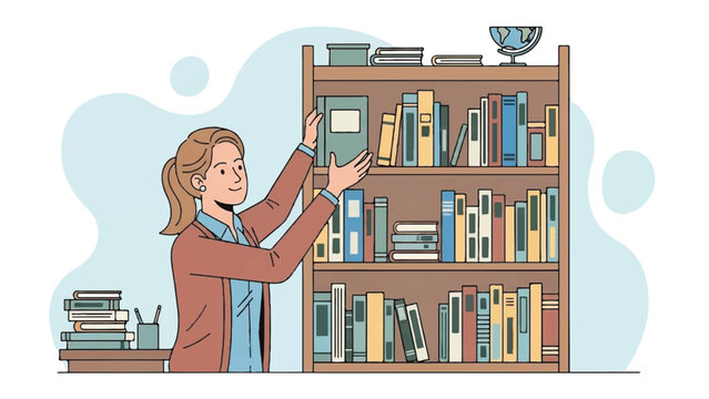 Woman arranging books on a tall bookshelf in a cozy library scene.