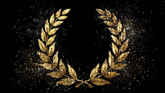 Golden, sparkly, laurel wreath on black backdrop, with shimmering dust