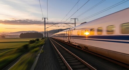 Obraz premium Fast Train Traveling Through Rural Landscape at Sunrise with Motion Blur