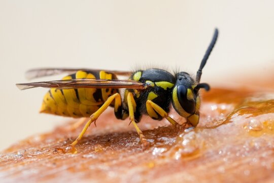 Lateral closeup on a vibrant yellow German paperwasp or yellowjacket , Vespula germanica