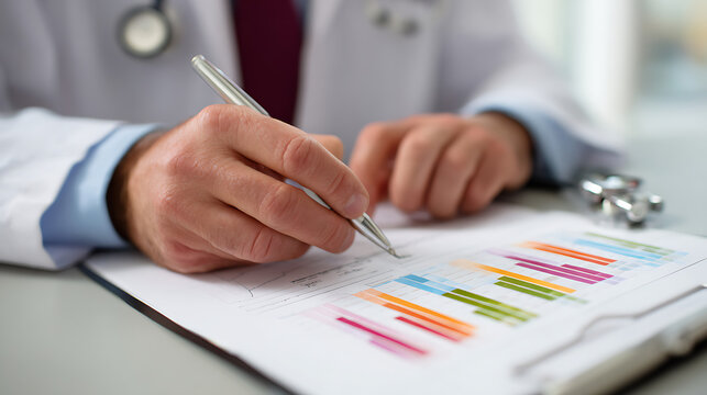 Medical professional review health data, analyze statistics, financial reports, or research findings with a pen on a clipboard, close up shot