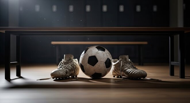 Soccer ball and cleats on wooden floor in dimly lit locker room