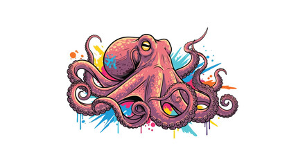 A vibrant colorful illustration depicts an octopus with swirling tentacles and paint splatters creating a dynamic silhouette high quality professional detailed © GDSneha02