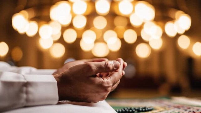 Close-up of hands clasped in devoted prayer, bathed in the soft, warm glow of shimmering background lights, symbolizing peace, spiritual reflection, and unwavering faith