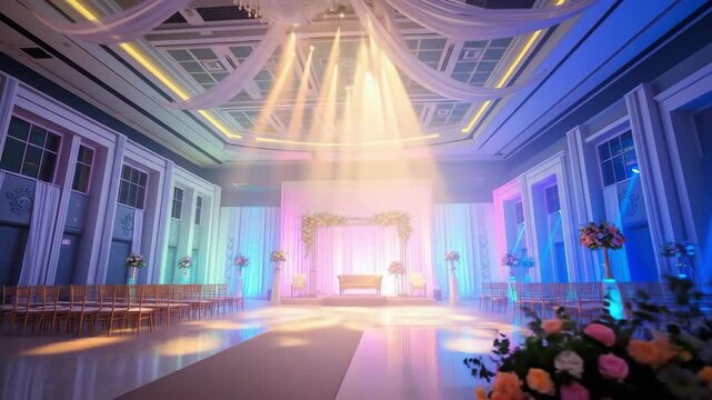 Elegant event hall interior with stage lighting and decorative elements