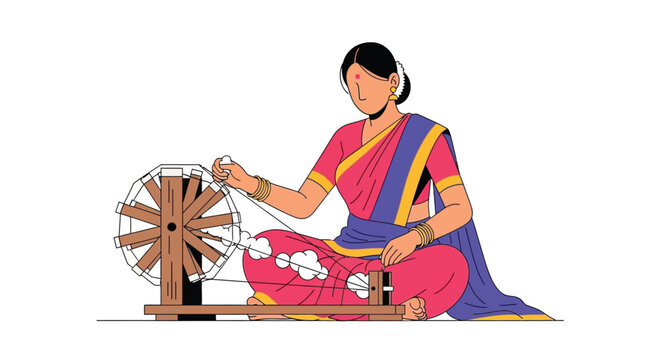 A woman in traditional indian attire operates a spinning wheel showcasing cultural heritage in a flat silhouette high quality professional detailed