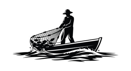 A vintage illustration depicts a fisherman in a boat with a full net presented as a striking silhouette high quality professional © GDSneha02