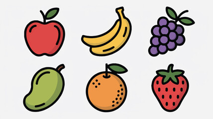 Set of six colorful fruit icons apple banana grapes mango orange strawberry vector illustration