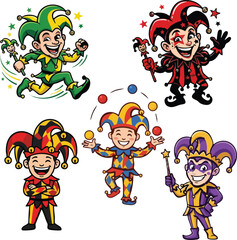 Web Funny Jester Mascot Character Bundle, Flat Vector Set of Jokers and Court Jesters in Various Poses for Carnival, Circus, and Logo Design, Vibrant Cartoon Illustrations with Juggling, Running, and 