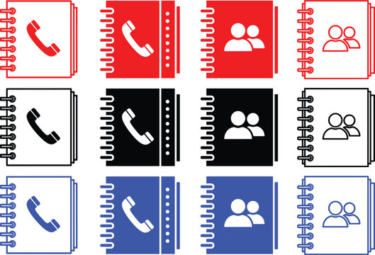 Set of address book icons in red, black, and blue with phone and people symbols