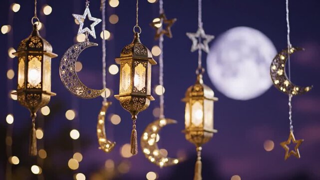 Mesmerizing nocturnal scene adorned with illuminated lanterns, shimmering crescent moons, and sparkling stars, creating a festive and magical ambiance under a full moon glow