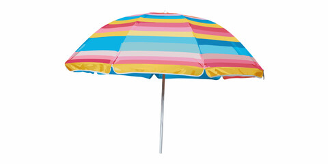 Obraz premium Colorful beach umbrella with vibrant stripes isolated on a white background