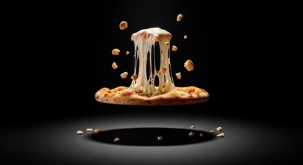 A pizza with melted cheese and toppings floating in the air against a black background.