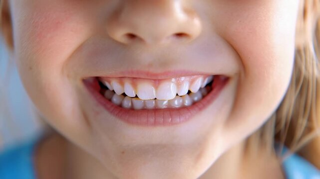 A young boy or girl smiling wide with a gap in their front teeth against blurred background.
