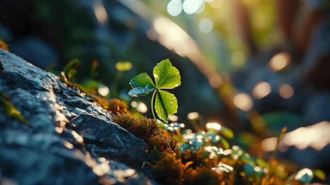 A small green leaf is growing on a rock. The leaf is shaped like a clover. The rock is covered in moss