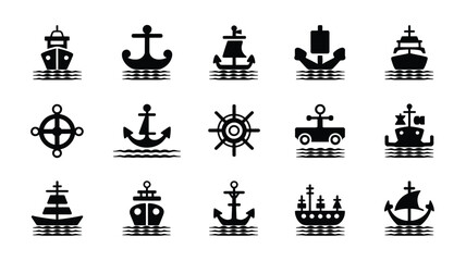Collection of black nautical icons including ships anchors and steering wheels on water symbolizing ocean transportation and maritime navigation tools © Parthokumar
