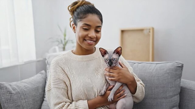 Woman with a sphinx cat.