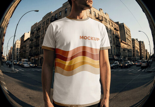 T Shirt Mockup On Male Model Fisheye Lens Urban Environment