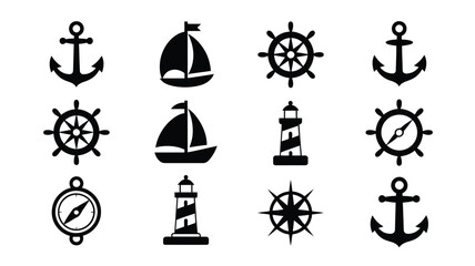 Nautical icons set including anchors ship wheels lighthouses and compasses for maritime and navigation themes © Parthokumar