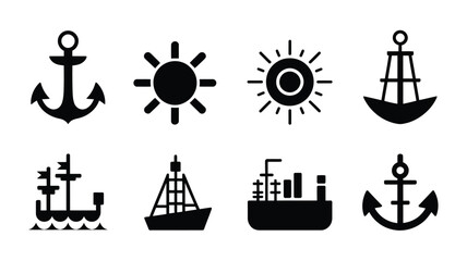 Nautical silhouette collection anchor ship and sun icons for harbor and sea themes in black on white background © Parthokumar