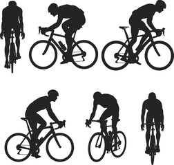 Fototapeta premium Set of cyclist silhouettes riding road bike in different positions isolated on white background, professional cycling sport vector illustration collection.