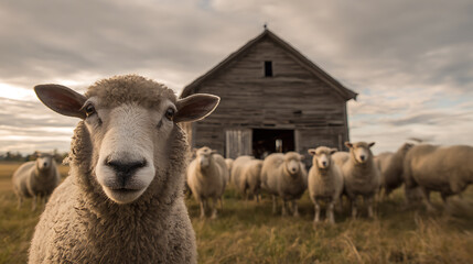 Obraz premium Curious Sheep Close-up on Pasture with Herd and Dilapidated Barn Under Dynamic Sky: Rustic Farm Life and Animal Portrait
