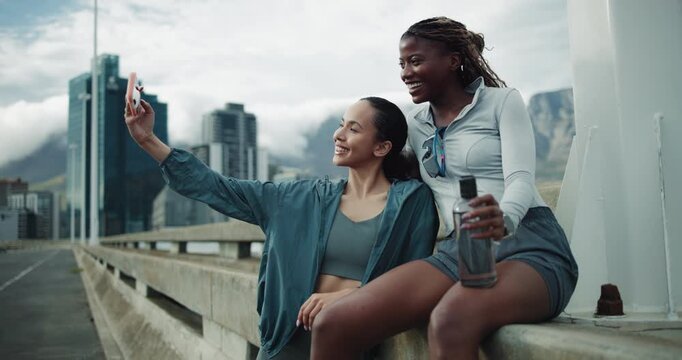 Fitness, friends and selfie in city with smile, exercise break and social media post for memories. Happy, people and photography outdoor in urban town with workout rest, blog or support for wellness.