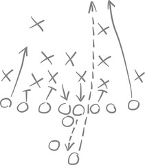 Simple hand-drawn sports play diagram illustrating player movements, positions, and strategic routes using circles, crosses, and arrows for tactical coaching.