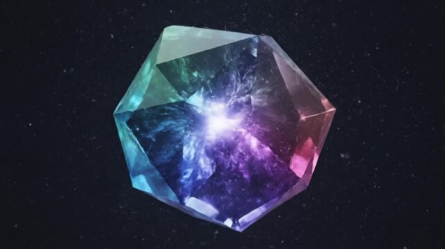 Glowing multifaceted crystal with swirling colors on dark background