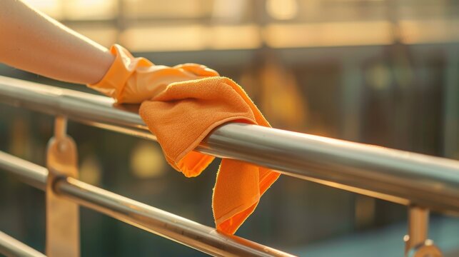 Orange cleaning cloth on metal railing with blurred background, concept of cleaning and hygiene.