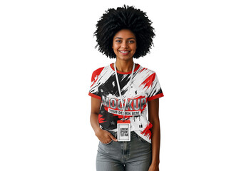 Young Black Woman Wearing T Shirt With Badge Holder Mockup