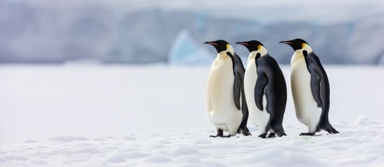 Four emperor penguins stand on a snowy landscape. Their black and white feathers contrast with the icy background. The scene captures the essence of Antarctic wildlife.