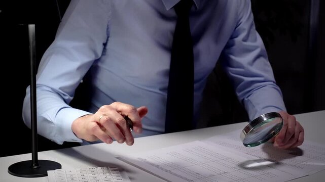 Businessman diligently auditing financial documents with a magnifying glass under focused lamp light. Audit and taxes in business