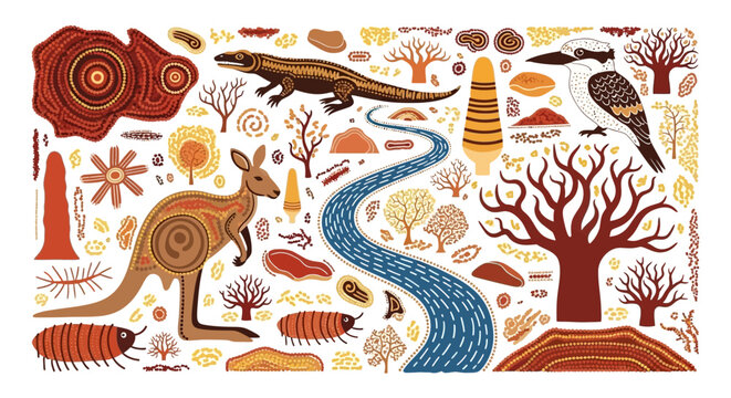Vibrant Australian Aboriginal art featuring native wildlife and landscape