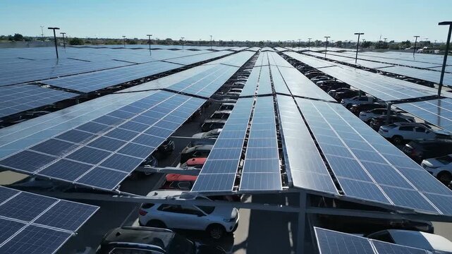 Solar panel parking lot with cars