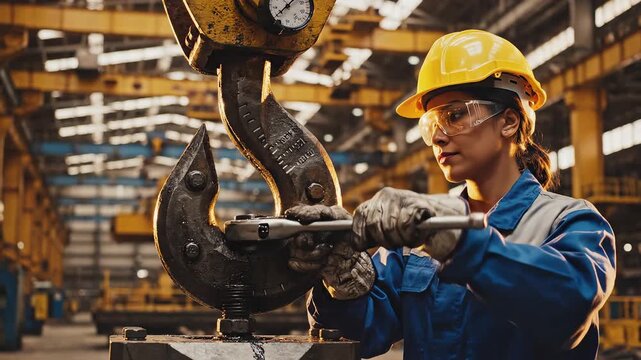 Woman in hard hat working on industrial hook
