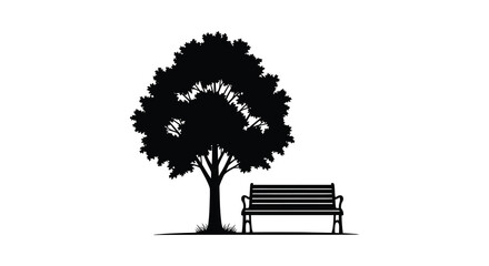 A stark black tree and park bench are depicted against a white backdrop creating a striking silhouette high quality professional detailed © GDSneha02