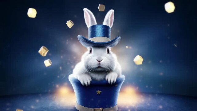 A cartoon bunny rabbit wearing a top hat and sitting on a golden briefcase.