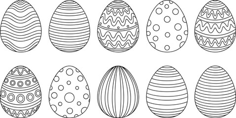 Fototapeta premium Decorative Easter Eggs Line Art Collection with Stripes Dots and Zigzag Patterns Black and White Vector Illustration Isolated on White Background