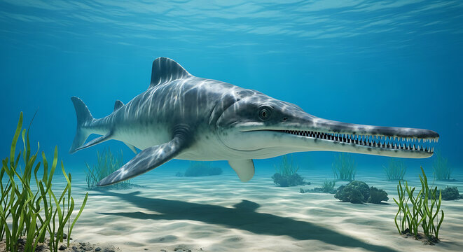 Ancient marine reptile, ichthyosaur, swims in ocean over sandy seabed
