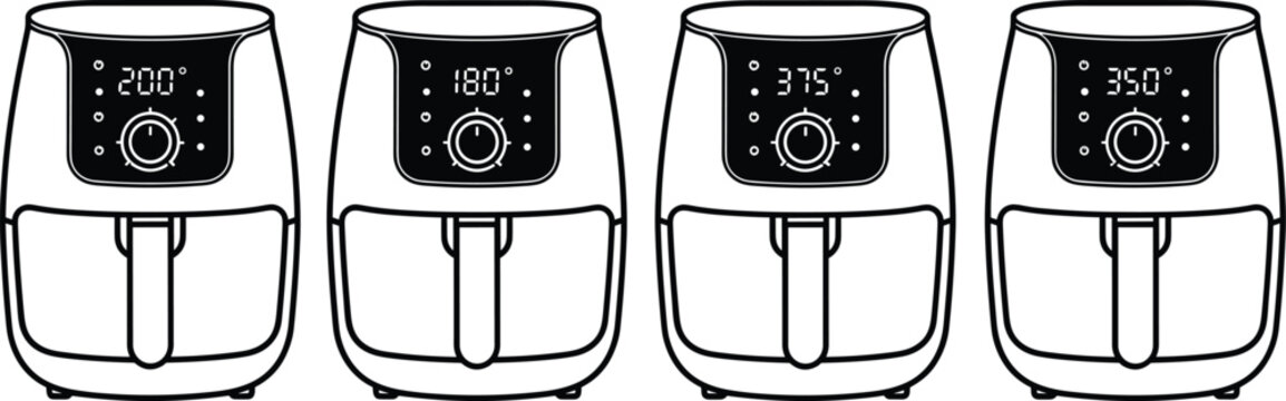 Digital Air Fryer Appliance Line Art Set Kitchen Cooking Equipment Vector Illustration with Temperature Display Isolated on White Backgroun
