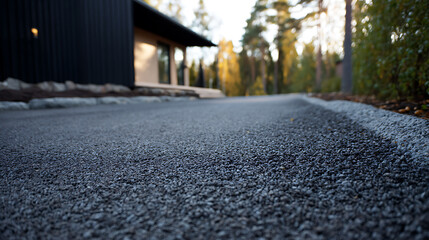 Fototapeta premium Close-up of new gravel driveway with curb edge, leading towards a modern residential house in a suburban neighborhood setting