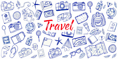 A hand drawn collection of travel themed objects and accessories © Raben