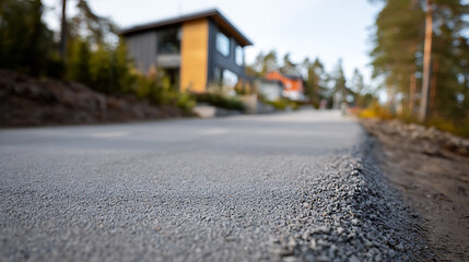 Fototapeta premium Freshly Paved Asphalt Roadside with Modern Residential Homes in Background, New Construction and Suburban Development Scene on Sunny Day